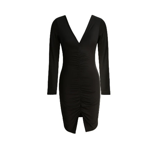 فستان نسائي مثير جديد Ruched سبليت هيم العميق الخامس الرقبة طويلة الأكمام غمد Bodycon نادي فستان الحفلات