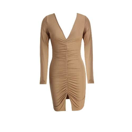 فستان نسائي مثير جديد Ruched سبليت هيم العميق الخامس الرقبة طويلة الأكمام غمد Bodycon نادي فستان الحفلات