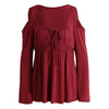 New Fashion Women Blouse Cold Shoulder Lace-Up V Neck Long Sleeve Solid Color Casual Shirt T-Shirt Tops