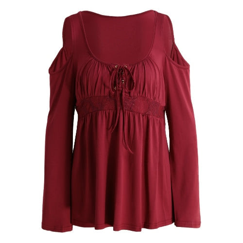 New Fashion Women Blouse Cold Shoulder Lace-Up V Neck Long Sleeve Solid Color Casual Shirt T-Shirt Tops