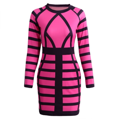 Sexy Women Mini Bodycon Dress Color Block Stripe O Neck Long Sleeves Clubwear Party Evening Dress Rose/Yellow