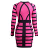 Sexy Women Mini Bodycon Dress Color Block Stripe O Neck Long Sleeves Clubwear Party Evening Dress Rose/Yellow