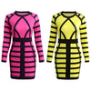 Sexy Women Mini Bodycon Dress Color Block Stripe O Neck Long Sleeves Clubwear Party Evening Dress Rose/Yellow