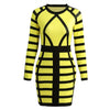 Sexy Women Mini Bodycon Dress Color Block Stripe O Neck Long Sleeves Clubwear Party Evening Dress Rose/Yellow