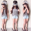 Fashion Kids Baby Girls Three-Piece Set Outfits Print Crew Neck Sleeveless Headband T-Shirt Jeans Pants Grey