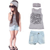 Fashion Kids Baby Girls Three-Piece Set Outfits Print Crew Neck Sleeveless Headband T-Shirt Jeans Pants Grey