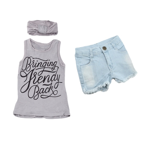 Fashion Kids Baby Girls Three-Piece Set Outfits Print Crew Neck Sleeveless Headband T-Shirt Jeans Pants Grey