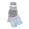 Fashion Kids Baby Girls Three-Piece Set Outfits Print Crew Neck Sleeveless Headband T-Shirt Jeans Pants Grey