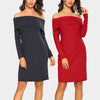 New Elegant Women Bodycon Mini Dress Overlay Slash Neck Long Sleeve Solid Color Party Dress Burgundy/Royal Blue