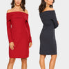 New Elegant Women Bodycon Mini Dress Overlay Slash Neck Long Sleeve Solid Color Party Dress Burgundy/Royal Blue