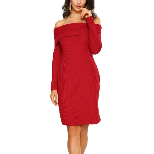 New Elegant Women Bodycon Mini Dress Overlay Slash Neck Long Sleeve Solid Color Party Dress Burgundy/Royal Blue