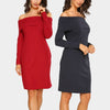 New Elegant Women Bodycon Mini Dress Overlay Slash Neck Long Sleeve Solid Color Party Dress Burgundy/Royal Blue