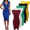 Sexy Women Midi Dress Ruffled Deep V Neck Sleeveless Asymmetric Solid Slim Bodycon Ruched Dress