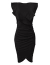 Sexy Women Midi Dress Ruffled Deep V Neck Sleeveless Asymmetric Solid Slim Bodycon Ruched Dress