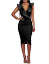 Sexy Women Midi Dress Ruffled Deep V Neck Sleeveless Asymmetric Solid Slim Bodycon Ruched Dress