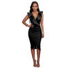 Sexy Women Midi Dress Ruffled Deep V Neck Sleeveless Asymmetric Solid Slim Bodycon Ruched Dress