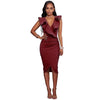 Sexy Women Midi Dress Ruffled Deep V Neck Sleeveless Asymmetric Solid Slim Bodycon Ruched Dress