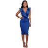 Sexy Women Midi Dress Ruffled Deep V Neck Sleeveless Asymmetric Solid Slim Bodycon Ruched Dress