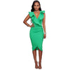 Sexy Women Midi Dress Ruffled Deep V Neck Sleeveless Asymmetric Solid Slim Bodycon Ruched Dress