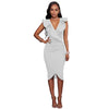 Sexy Women Midi Dress Ruffled Deep V Neck Sleeveless Asymmetric Solid Slim Bodycon Ruched Dress