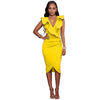 Sexy Women Midi Dress Ruffled Deep V Neck Sleeveless Asymmetric Solid Slim Bodycon Ruched Dress