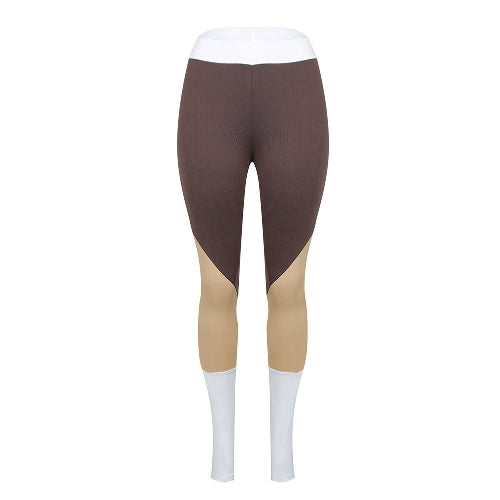 Women Sports Leggings Color Block High Waist Running Tights Gym Fitness Workout Skinny Pants Trousers Coffee