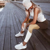 Women Sports Leggings Color Block High Waist Running Tights Gym Fitness Workout Skinny Pants Trousers Coffee