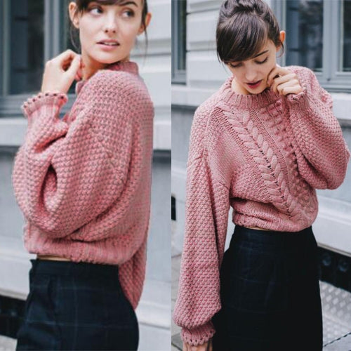 New Women Knitted Sweater Twist Solid Color Long Sleeve Loose Warm Jumper Pullover Knitwear Pink