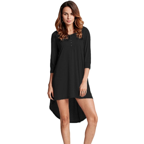 Fashion Women Long Tunic Top Basic T-Shirt Button Front O Neck Long Sleeve Irregular Hem Mini Dress