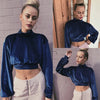 Women Crop Top Velour Solid High Turtle Neck Drop Shoulder Long Sleeve Casual Blouse Partywear Blue