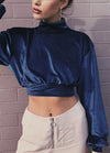 Women Crop Top Velour Solid High Turtle Neck Drop Shoulder Long Sleeve Casual Blouse Partywear Blue