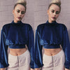 Women Crop Top Velour Solid High Turtle Neck Drop Shoulder Long Sleeve Casual Blouse Partywear Blue