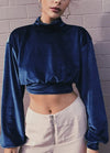 Women Crop Top Velour Solid High Turtle Neck Drop Shoulder Long Sleeve Casual Blouse Partywear Blue