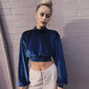 Women Crop Top Velour Solid High Turtle Neck Drop Shoulder Long Sleeve Casual Blouse Partywear Blue