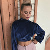 Women Crop Top Velour Solid High Turtle Neck Drop Shoulder Long Sleeve Casual Blouse Partywear Blue