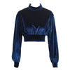Women Crop Top Velour Solid High Turtle Neck Drop Shoulder Long Sleeve Casual Blouse Partywear Blue