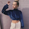 Women Crop Top Velour Solid High Turtle Neck Drop Shoulder Long Sleeve Casual Blouse Partywear Blue
