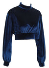 Women Crop Top Velour Solid High Turtle Neck Drop Shoulder Long Sleeve Casual Blouse Partywear Blue