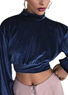 Women Crop Top Velour Solid High Turtle Neck Drop Shoulder Long Sleeve Casual Blouse Partywear Blue