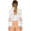 Sexy Women Floral Lace Flared Sleeve Blouse Transparent Mesh Long Sleeve Elegant Party Slim Top White
