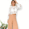 Sexy Women Floral Lace Flared Sleeve Blouse Transparent Mesh Long Sleeve Elegant Party Slim Top White