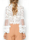 Sexy Women Floral Lace Flared Sleeve Blouse Transparent Mesh Long Sleeve Elegant Party Slim Top White