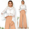Sexy Women Floral Lace Flared Sleeve Blouse Transparent Mesh Long Sleeve Elegant Party Slim Top White