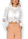 Sexy Women Floral Lace Flared Sleeve Blouse Transparent Mesh Long Sleeve Elegant Party Slim Top White