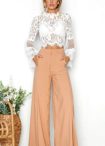 Sexy Women Floral Lace Flared Sleeve Blouse Transparent Mesh Long Sleeve Elegant Party Slim Top White