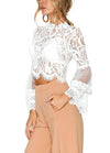 Sexy Women Floral Lace Flared Sleeve Blouse Transparent Mesh Long Sleeve Elegant Party Slim Top White