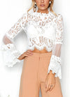 Sexy Women Floral Lace Flared Sleeve Blouse Transparent Mesh Long Sleeve Elegant Party Slim Top White