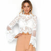 Sexy Women Floral Lace Flared Sleeve Blouse Transparent Mesh Long Sleeve Elegant Party Slim Top White