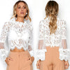 Sexy Women Floral Lace Flared Sleeve Blouse Transparent Mesh Long Sleeve Elegant Party Slim Top White