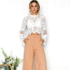 Sexy Women Floral Lace Flared Sleeve Blouse Transparent Mesh Long Sleeve Elegant Party Slim Top White